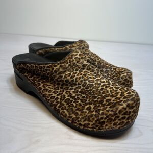 Bjork wooden animal print calf fur slip on clogs Womens Size 41-42